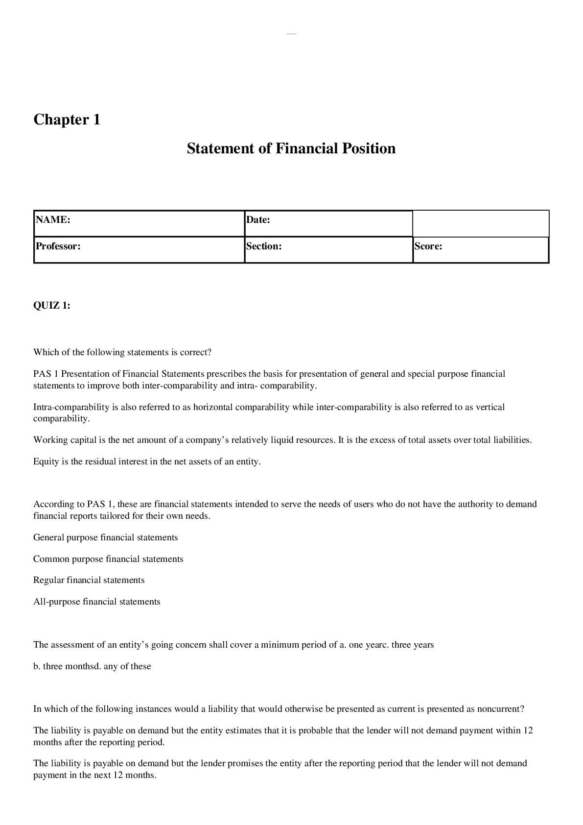 Preview image for QUIZ CHAPTER 1 STATEMENT OF FINANCIAL POSITION With Solutions!Rated A+ Assignment